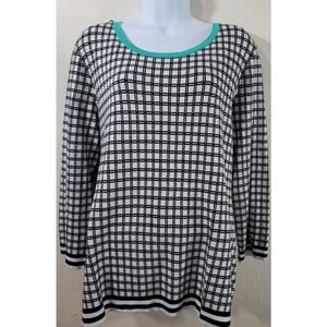 Cato Black White Check Round Neck Sweater Top XL Soft Stretchy Cozy Banded Waist